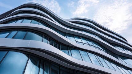 Poster - The smooth lines of a modern architectural building, with glass and steel curving beautifully