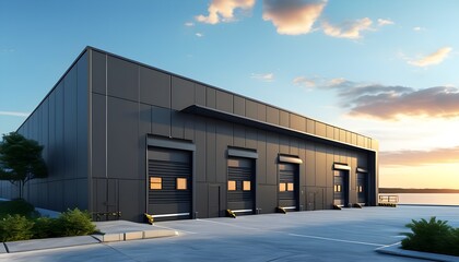 Poster - Futuristic warehouse design featuring expansive loading dock doors and innovative architecture