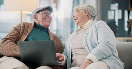 Poster - Senior couple, happy and laptop for smile, laughing and communication in living room. Mature man, woman and relaxing on sofa or couch in house, bonding and together in retirement with technology