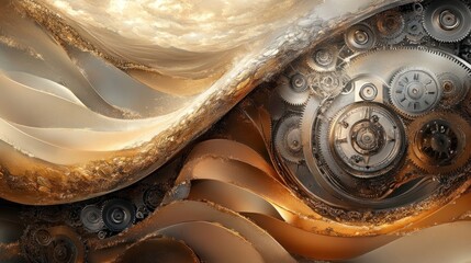 Poster - Abstract composition of gears and flowing forms in warm tones, evoking industrial elegance.