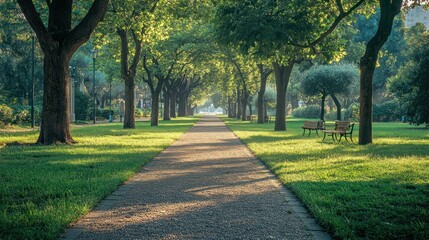 Poster - A serene park pathway lined with trees, inviting relaxation and leisurely strolls.