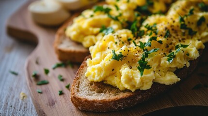 Poster - A wooden board with toast topped with fluffy scrambled eggs and garnished with herbs.