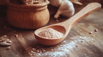 Poster - A wooden spoon filled with salt, surrounded by garlic and grains in a rustic kitchen setting.