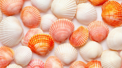 Wall Mural - Discover a stunning sea shell in vibrant orange and white, showcasing its intricate patterns under soft, ambient lighting.