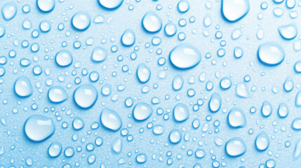 Wall Mural - Captivating closeup of water droplets on a soft blue canvas, evoking freshness and tranquility in natures details.