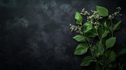 Wall Mural - A close-up of green leaves and small white flowers on a dark textured surface.