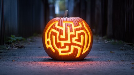 Poster - A carved pumpkin with a maze pattern glows eerily in the shadows of a dark alley, enhancing the Halloween spirit.