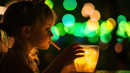 Canvas Print - A child enjoying a glowing drink amidst a colorful, blurred background.