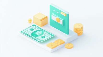 Canvas Print - Digital financial representation with money, coins, and a card.