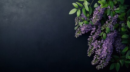 Poster - A close-up of purple wisteria flowers against a dark background.