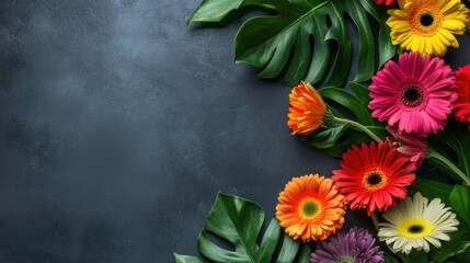 Poster - A vibrant arrangement of colorful flowers and green leaves on a dark background.