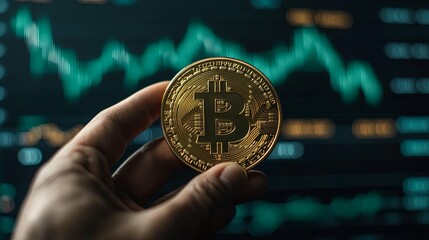 Bitcoin Cryptocurrency Coin Held Over Green Financial Chart