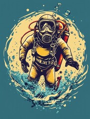 A vintage illustration of a scuba diver emerging from the water, with an air tank, diving suit, and mask.