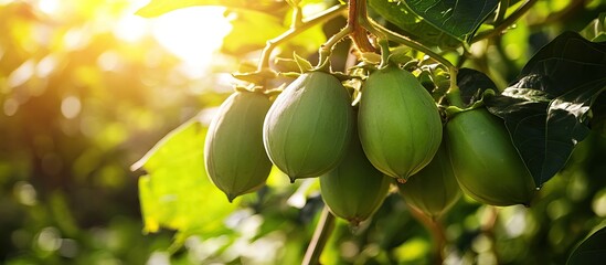 Green Fruit on Branch with Sunlight