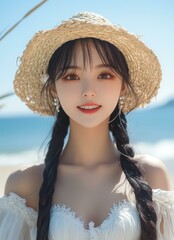 Poster - A joyful girl in a white dress and straw hat takes a beach selfie, exuding charm against the blue sky and sea.