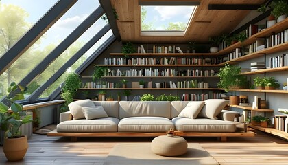 Cozy modern attic living room with large windows, skylights, wooden shelves of books and plants, comfortable sofa adorned with soft cushions, bathed in natural light