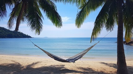 A hammock hanging between two palm trees on a secluded beach in Koh Tao, overlooking the tranquil ocean under a blue sky.