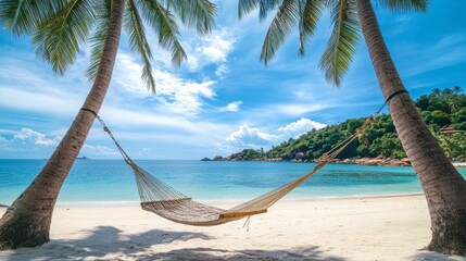 A hammock hanging between two palm trees on a secluded beach in Koh Tao, overlooking the tranquil ocean under a blue sky.