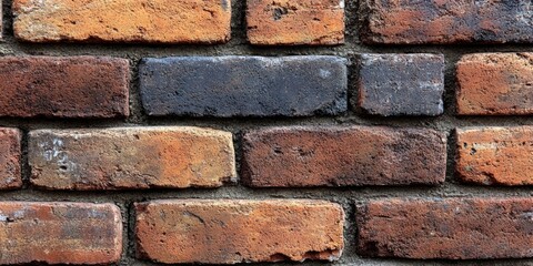 Wall Mural - A weathered brick wall with a blend of red, orange, and grey tones, showcasing the natural aging process of building materials