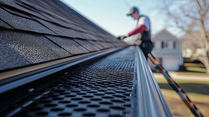 Close-up of Gutter with Mesh Leaf Guard and Shingle Roof