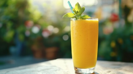 A refreshing glass of mango smoothie topped with a sprig of mint, served on a sunny outdoor table.