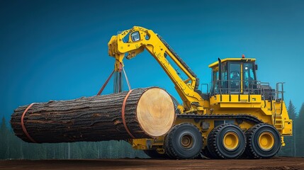 Yellow Log Loader Lifting a Large Tree Trunk in the Forest