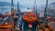 © Puttipong - A shipyard in Busan, South Korea, with large vessels under construction, showcasing the scale and strength of the shipbuilding industry.