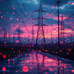 Wall Mural - High voltage electric power lines station with sunset sky background.