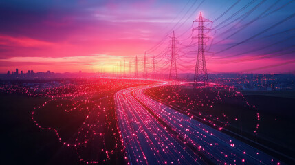 Wall Mural - High voltage electric power lines station with sunset sky background.