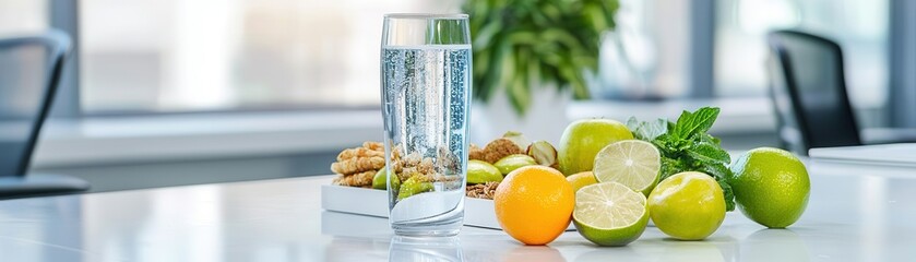 Poster - Glass of Water with Citrus Fruits and Mint on White Table.