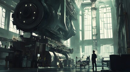 Wall Mural - A man stands in front of a large, futuristic looking machine. The scene is set in a large industrial building with many windows. Scene is one of awe and wonder