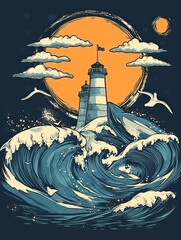 Two lighthouses stand tall against a backdrop of crashing waves and a setting sun.