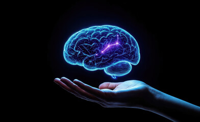 Poster - Human hand supporting a glowing brain on a black background