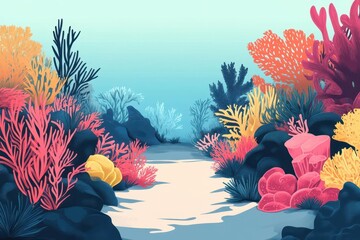 Wall Mural - coral reef flat design front view underwater adventure cartoon drawing complementary color scheme