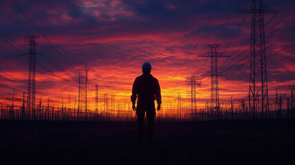 Engineer standing at high voltage transmission power station.