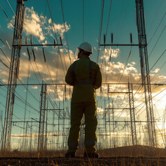 Engineer standing at high voltage transmission power station.