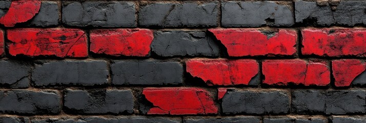 A close-up shot of a weathered brick wall with red bricks interspersed among black bricks, showcasing the intricate texture and detail of the worn surfaces.