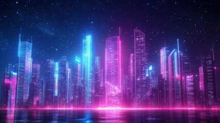 Wall Mural - cityscape with space and neon light effect. Modern hi-tech, science, futuristic technology concept. Abstract digital high tech city design for banner background