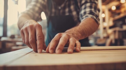 Wall Mural - close up man owner a small furniture business is preparing wood for production. carpenter male is adjust wood to the desired size. architect, designer