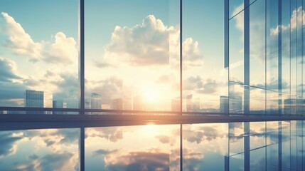 Wall Mural - Modern office building or business center. High-rise window buildings made of glass reflect the clouds and the sunlight. empty street outside  wall modernity civilization. growing up business