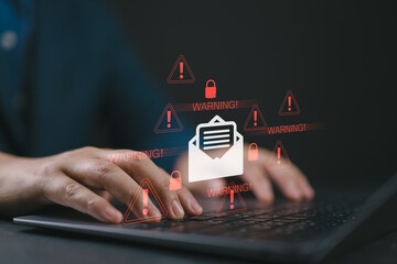 Leinwandbilder - Spam email concept. Person use laptop with virtual screen of Spam email notification, warning notification and spam message. Fraud and Scam, Data theft, Data Breach.