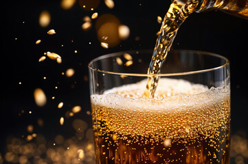 Poster - Golden beer pouring into glass with bubbles and foam