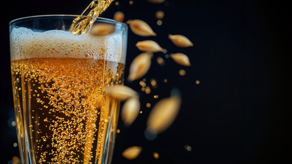 Poster - Golden beer pouring into glass with foam and malt on black background