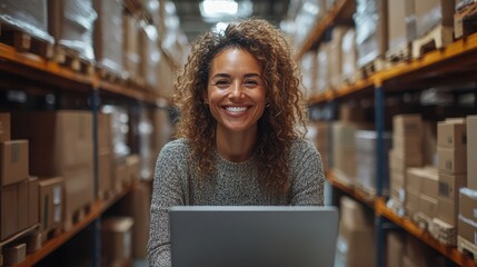 Happy Warehouse Worker Using Laptop Computer