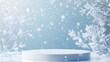© Mr image - 3. A captivating image of an empty podium in a tranquil winter setting, surrounded by gently falling snowflakes, ideal for highlighting fashion ads for beauty products in a minimalist style