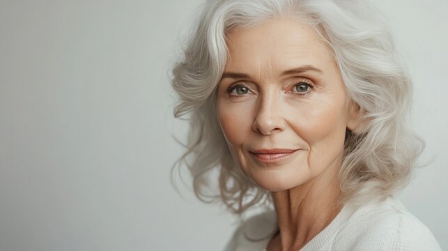 Portrait of an elderly woman with silver hair and a gentle expression. cosmetic skincare treatment, empty space for text