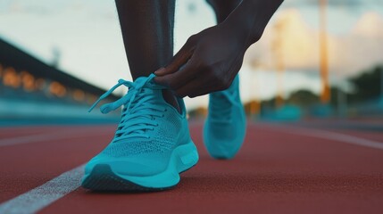 A close-up of a runner tying the laces on a bright pair of athletic shoes before a race, with a track in the background.