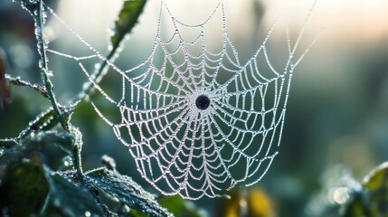 A close-up of a spider's intricate web covered in dew, reflecting light like tiny crystals on a foggy morning.