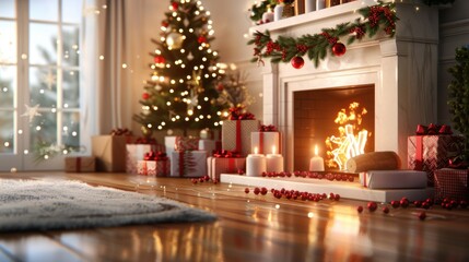 Sticker - A cozy, festive living room scene featuring a Christmas tree, decorated fireplace, gifts, and warm lighting, evoking holiday cheer.