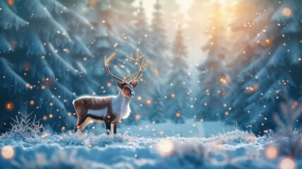 A serene deer stands quietly in a snowy forest, bathed in soft sunlight, as gentle snowflakes fall around, creating a magical winter scene.